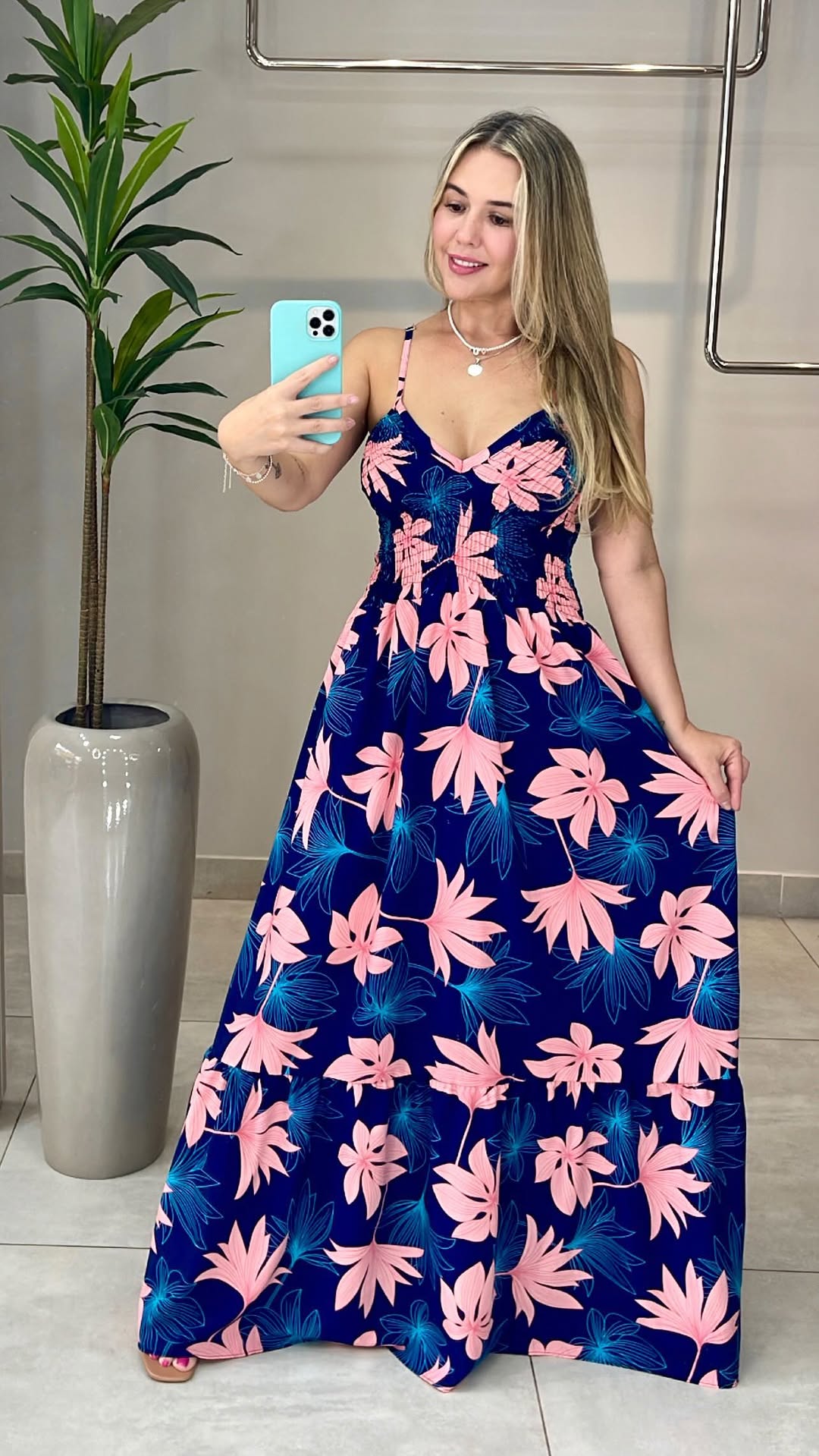 Vestido Alça Lastex Floral Rosa